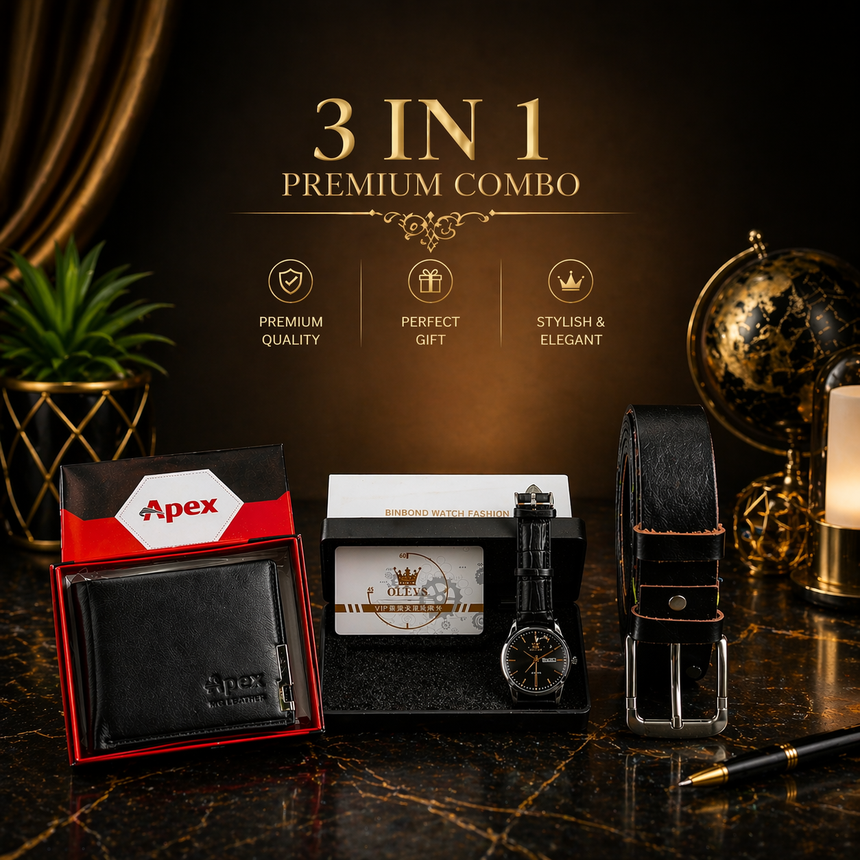 3 in 1 Combo Olevs Watch, Leather Wallet & Belt Combo